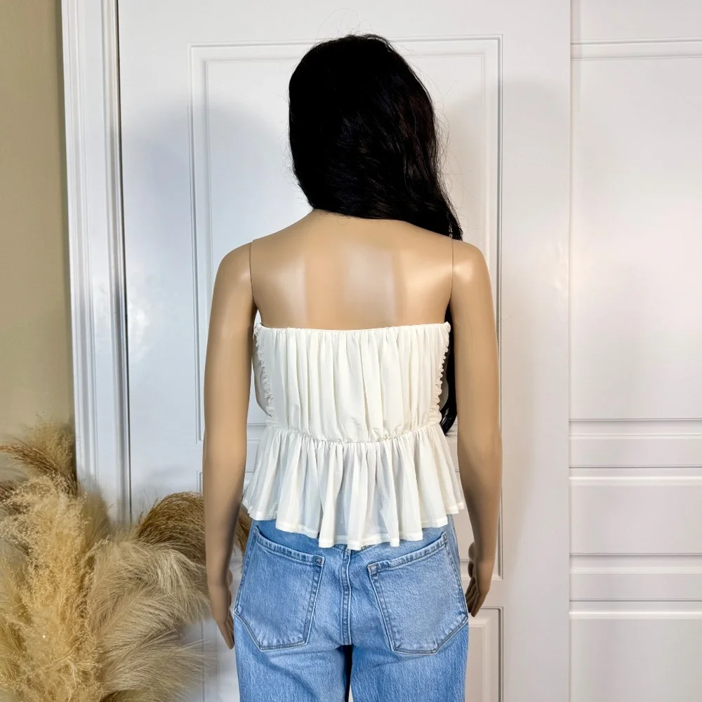 EXPRESS RUCHED STRAPLESS IVORY PEPLUM TUBE TOP - Picture 8 of 13